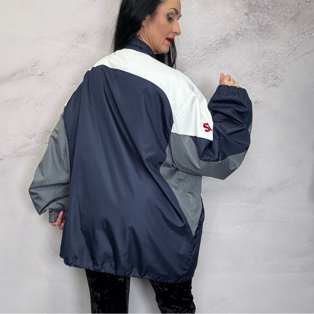 Blue and White Bomber Jacket with Standing Collar - Picture 3 of 6